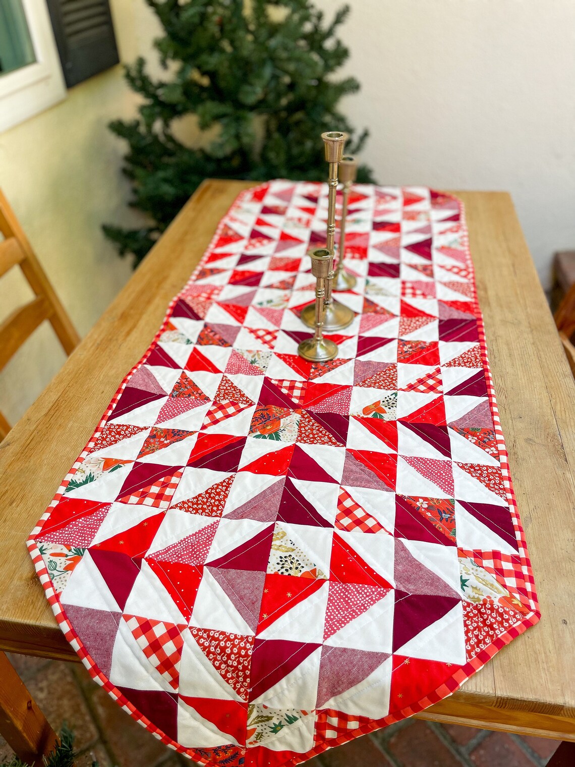 Quilted Red Holiday Table Runner Red and White Table Runner Modern