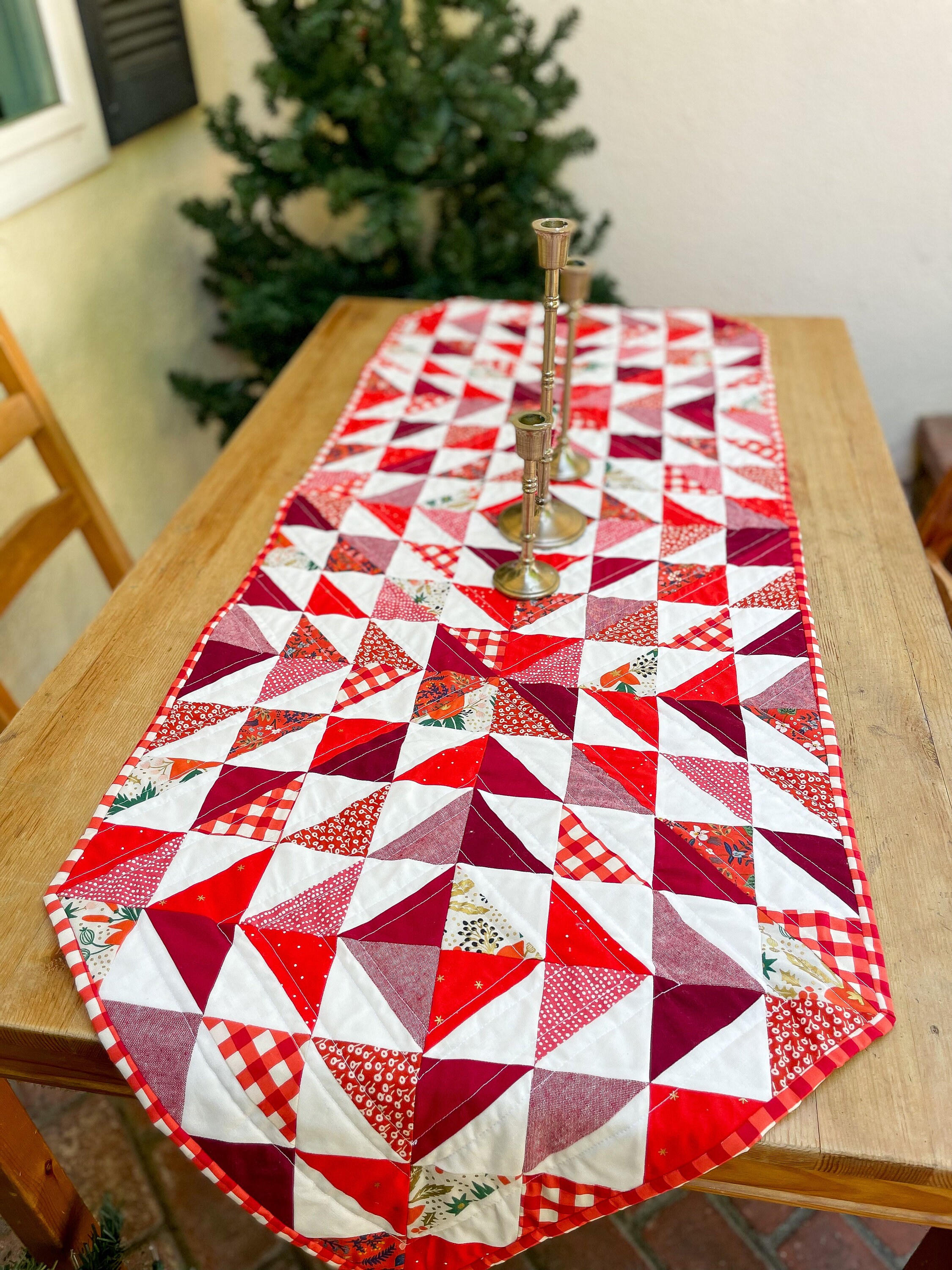 Quilted Red Holiday Table Runner Red and White Table Runner Modern Quilted Table Decor Red and