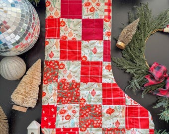 Red Vintage Ornament Patchwork Quilted Stocking | Classic Stocking | Modern Quilted Stocking | Quilted Christmas Stocking