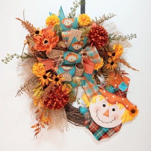 Fall scarecrow and sunflower wreath for front door with teal and orange accents, burlap mesh, rustic outdoor wreath,  country porch decor