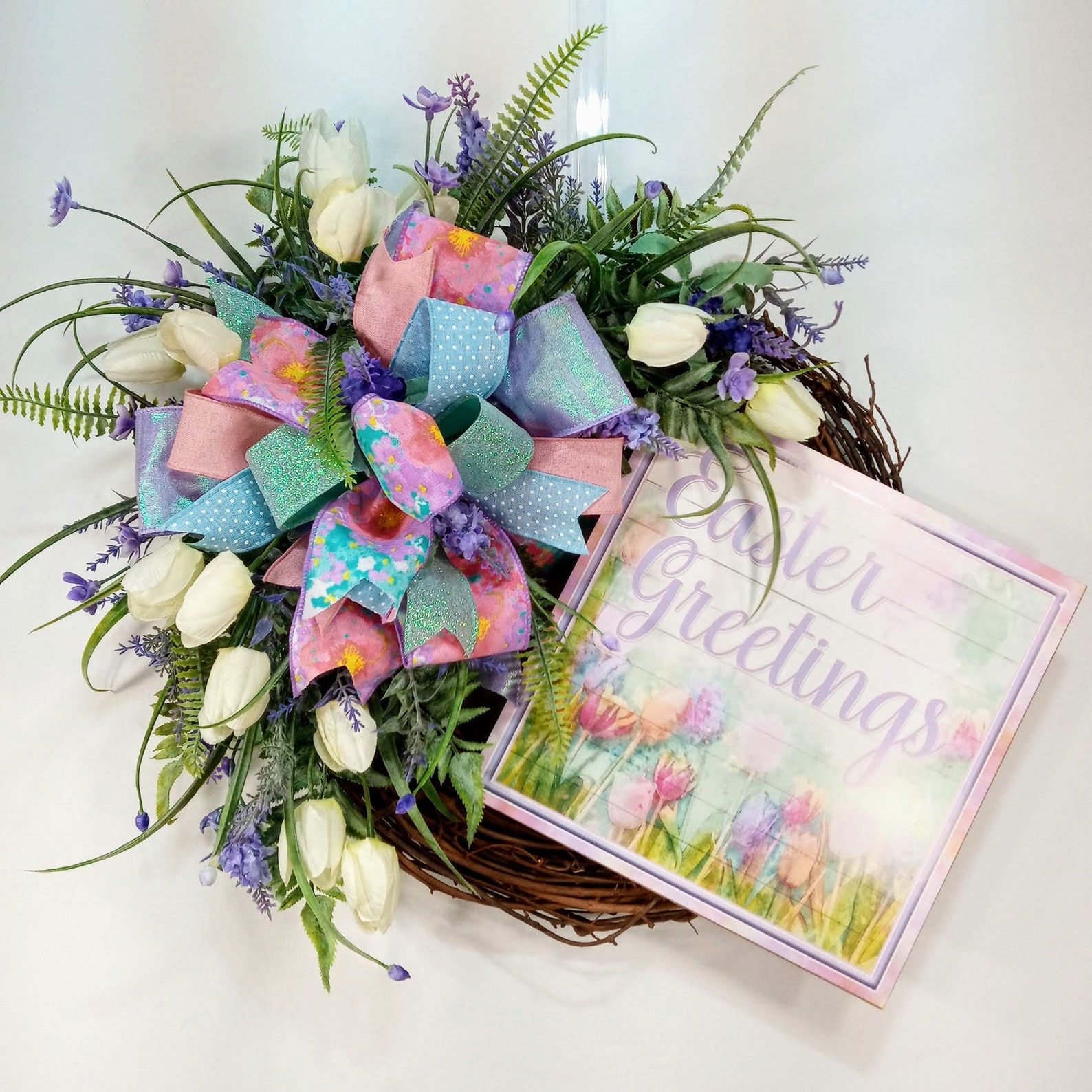 Easter Greetings Grapevine Wreaths with Flowers and Greenery Easter Greetings Grapevine Wreaths with Flowers and Greenery