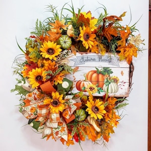 Fall wreath for front door with pumpkins and sunflowers, rustic country cottage decor with Autumn Harvest sign, fall leaves, outdoor decor