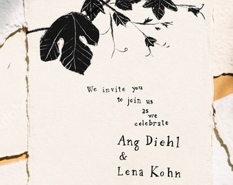 Custom illustrated letterpress wedding invitations, modern calligraphy invites, quirky unique wedding stationery on handmade paper