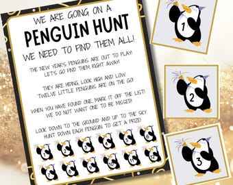 May include: A black and gold Penguin Hunt game with the text "We are going on a Penguin Hunt". Includes numbered penguin cards and a list of instructions. The game is designed for a New Year's theme.