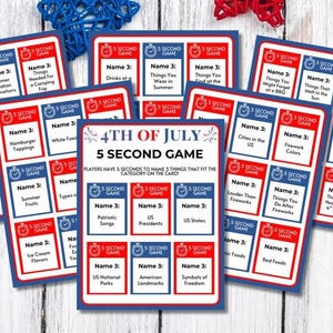 May include: A set of 4th of July themed game cards with red, white, and blue colors. The cards have a 5 second game title and instructions for players to name 3 things that fit the category on the card.