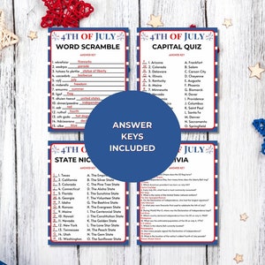 May include: Four 4th of July themed quiz cards with answer keys included. The cards feature word scrambles, capital quizzes, state nicknames, and trivia questions. The cards are red, white, and blue with decorative stars.