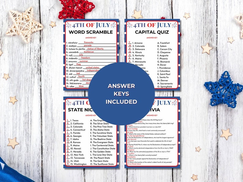 May include: Four 4th of July themed quiz cards with answer keys included. The cards feature word scrambles, capital quizzes, state nicknames, and trivia questions. The cards are red, white, and blue with decorative stars.