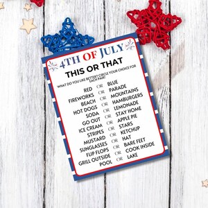 May include: A patriotic 4th of July game card with a red, white, and blue border. The card features the text "4TH OF JULY THIS OR THAT" and prompts players to choose between pairs of summer-themed options like "Fireworks or Parade."