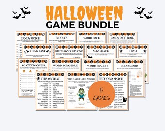 以下が含まれることがあります： ハロウィーンゲームバンドル。15種類のゲームが含まれており、クイズ、ワードスクランブル、クロスワードパズルなどがあります。ゲームには、コウモリやゾンビなど、ハロウィーンをテーマにしたグラフィックとオレンジと黒のテキストが使用されています。