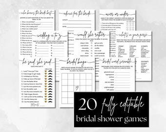 Minimalist Bridal Shower Games Bundle: 20 Editable Games (Digital Download)