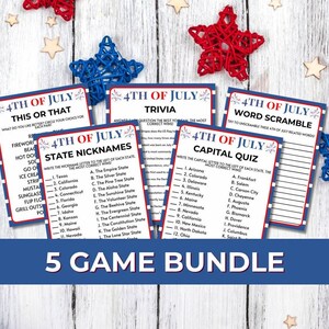 May include: A 5-game bundle of 4th of July themed trivia and quiz games. The games include trivia, word scramble, and state nicknames. The cards are white with red and blue text and borders. Decorative stars in red, blue, and white surround the cards.