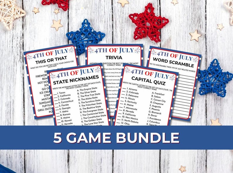 May include: A 5-game bundle of 4th of July themed trivia and quiz games. The games include trivia, word scramble, and state nicknames. The cards are white with red and blue text and borders. Decorative stars in red, blue, and white surround the cards.