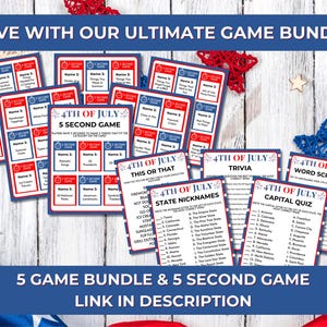 May include: A collection of red, white, and blue 4th of July game cards. The bundle includes trivia, word scramble, and 5-second games. Text on the cards includes "4th of July" and "5 Second Game". The image also includes the text "Save with our Ultimate Game Bundle".