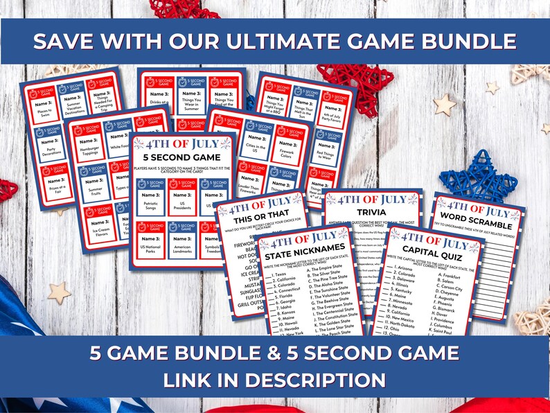 May include: A collection of red, white, and blue 4th of July game cards. The bundle includes trivia, word scramble, and 5-second games. Text on the cards includes "4th of July" and "5 Second Game". The image also includes the text "Save with our Ultimate Game Bundle".