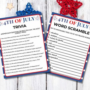 May include: Two 4th of July themed game cards. One card is a trivia game with questions about Independence Day. The other card is a word scramble game. Both cards have a red, white, and blue color scheme with the text "4th of July".