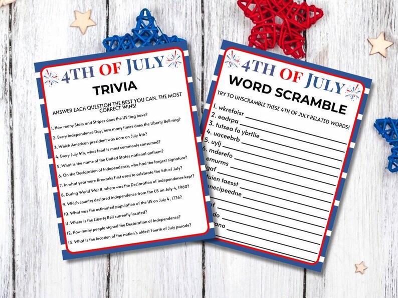 May include: Two 4th of July themed game cards. One card is a trivia game with questions about Independence Day. The other card is a word scramble game. Both cards have a red, white, and blue color scheme with the text "4th of July".