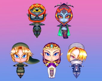 May include: Five stylized character figures from the Legend of Zelda series. The figures include Link, Zelda, Ganondorf, and two other characters, each with unique outfits and facial features. The background has a gradient of pink and purple.