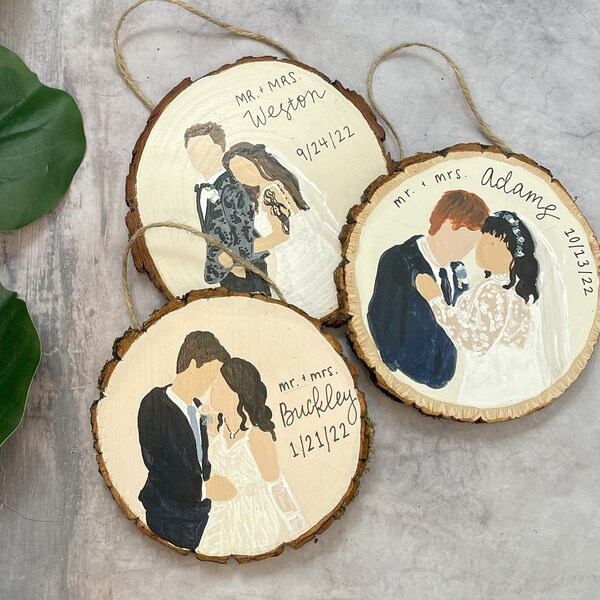 Personalized Wood Slice Decoration | Custom acrylic portrait painting | couple, family, pets| Christmas Ornament | wedding gift