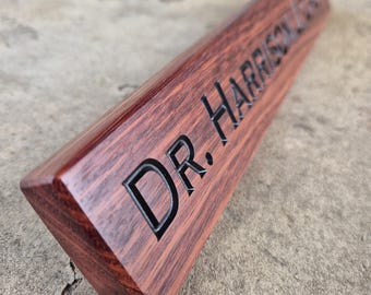 Desk Name Plaque - Personalised gift. Ideal graduation present for Doctors. Deep engraved Jarrah wood.