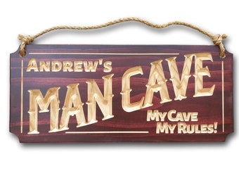 Personalised Man Cave Sign: Deep Carved Mahogany Stained Sustainable NZ Pine