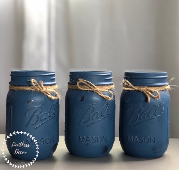 Set Of 3 Coastal Blue Painted Pint Mason Jars Wrapped In Twine Etsy