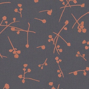 May include: A seamless pattern featuring a repeating design of small, delicate branches with clusters of berries in a warm, terracotta color against a dark gray background.
