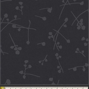 May include: Black fabric with a repeating pattern of small gray floral sprigs. The fabric is measured with a ruler in inches.