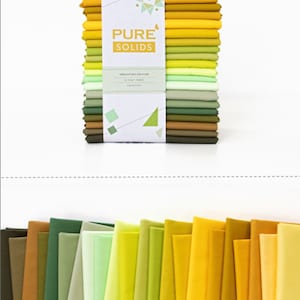 May include: A stack of 20 half-yard bundles of fabric in shades of green, yellow, and brown. The fabric is labeled "Pure Solids Sprouting Edition".