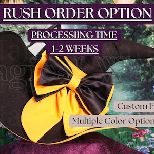 May include: A dark brown witch hat featuring a large, layered satin bow in black and bright yellow. The hat includes text overlays stating RUSH ORDER OPTION, PROCESSING TIME 1-2 WEEKS, Custom Fit, and Multiple Color Options on a forest background.