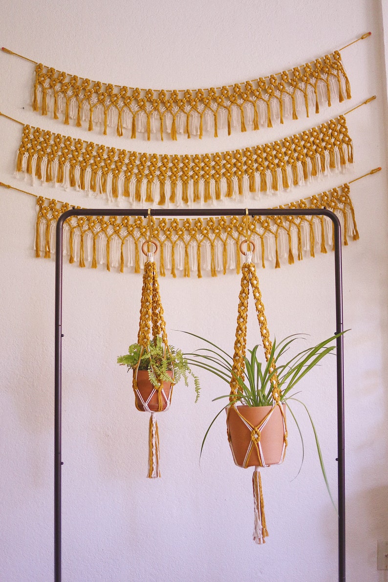 Two mustard macrame plant hangers with clay pots and houseplants are hanging from a wire rack. In the background, 3 mustard macrame wall hangings are against a white wall.