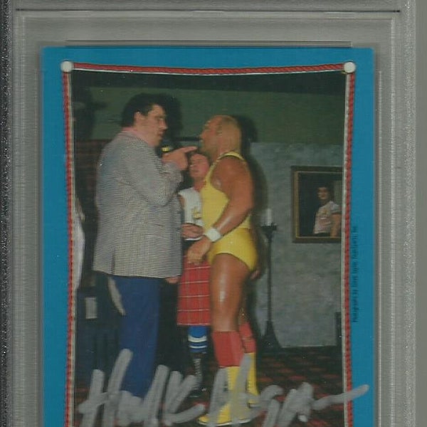 1987 Hulk Hogan Autographed Topps WWF Wrestlemania III The Challenge W/Andre the Giant Card #58 PSA 84368554