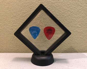 Floating 2 Guitar Pick Bass Pick Black Frame Display Case/Holder w/Stand