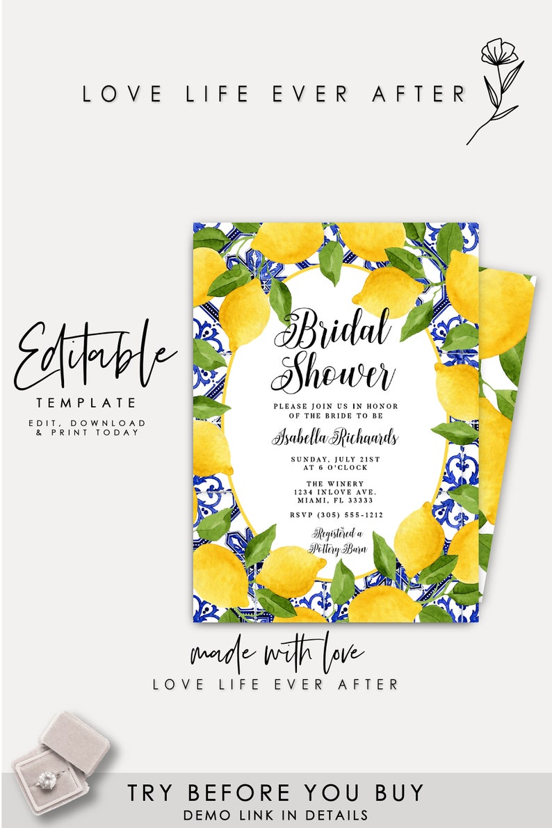 Lemon Bridal Shower Invitation Positano Tuscan Bridal | Etsy