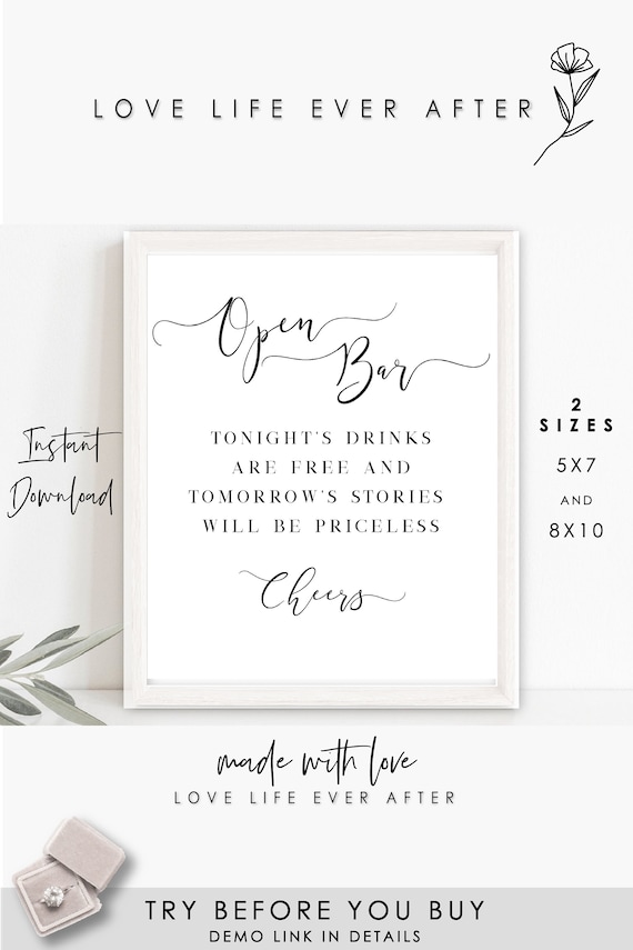 Open Bar Sign Open Bar Wedding Sign Printable Artful Life Designs