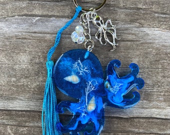 New handmade keychain resin epoxy octopus beach sand from South Padre Island beach life sea life gift beautiful