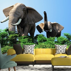 3D Wild Elephant Leaves ART 751 Removable Wallpaper Self Adhesive Wallpaper Extra Large Peel - Stick Wallpaper Wallpaper Mural AJ WALLPAPER Wallpaper AJ WALLPAPER
