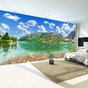 3D montaña Cielo Lago Agua A212 Papel pintado extraíble autoadhesivo Fondo de pantalla extra grande Peel & Stick Wallpaper Mural AJ WALLPAPERS