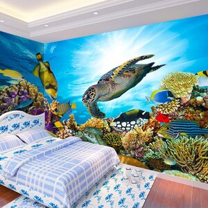 3D cartone animato tartaruga marina bambini 470 carta da parati rimovibile auto adesivo Extra Grande Buccia & Bastone Sfondo Carta da parati Mural AJ WALLPAPERSS