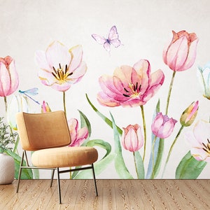 3D Aquarela Tulipas L1137 Papel de Parede Removível Papel de Parede Autoadesivo Extra Grande Peel & Stick Papel de Parede Mural AJ PAPÉIS DE PAREDE