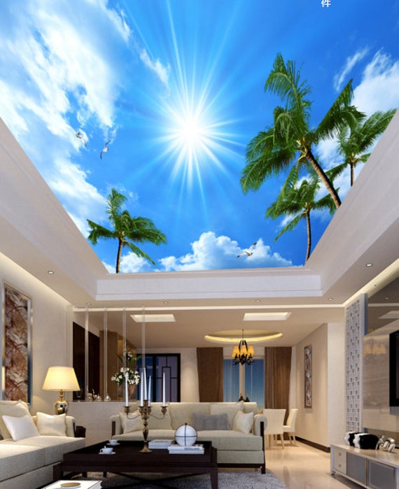 3D Palm Tree and Sky CA167 Ceiling Wallpaper Removable Self - Etsy