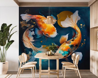 Könnte beinhalten: Zwei orangefarbene und gelbe Koi-Karpfen mit blauen und weißen Akzenten schwimmen in entgegengesetzte Richtungen vor einem dunkelblauen Hintergrund mit goldenen Akzenten. Die Fische sind in einer stilisierten, fast abstrakten Weise dargestellt, mit fließenden Linien und einem Gefühl von Bewegung.