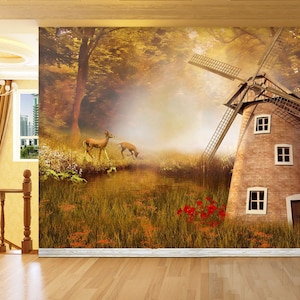 3D Wald Windmühle Haus R4403 abnehmbare Tapete selbstklebend Tapete extra groß Peel & Stick Tapete Tapete Wandbild AJ WALLPAPERS