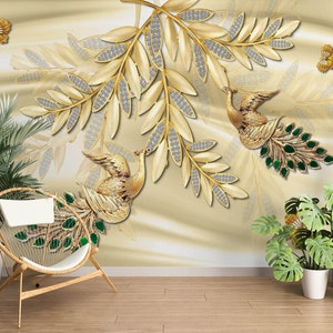 3D Animal Golden Peacock L2843 Papel pintado removible Papel pintado autoadhesivo Extra grande Peel & Stick Wallpaper Mural AJ WALLPAPERS