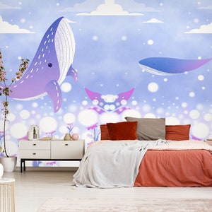 3D Animal Púrpura Ballena L1464 Papel pintado removible Papel pintado autoadhesivo Papel pintado extra grande Peel & Stick Papel pintado Mural AJ WALLPAPERS