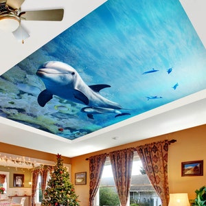 3D freundliche Delfin CA2430 Deckentapete abnehmbare selbstklebende Tapete große Schale & Klebetapete Tapete Wandbild AJ WALLPAPERS