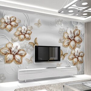 3D gele bloemen N146 verwisselbare wallpaper zelf klevende wallpaper extra grote Peel & stick Wallpaper Wallpaper muurschildering AJ WALLPAPERS
