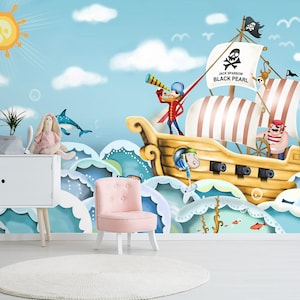 3D Cartoon Piraten Schiff L706 abnehmbare Tapete selbstklebende Tapete extra groß Peel & Stick Tapete Tapete Wandbild AJ WALLPAPERS