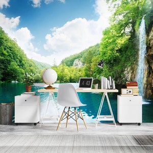3D Green Forest Blue Lake R6956 abnehmbare Tapete selbstklebend Tapete extra groß Peel & Stick Tapete Tapete Wandbild AJ WALLPAPERS