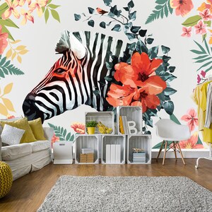 3D Zebra mit Blume D325 abnehmbare Tapete selbst klebende Tapete Extra große Peel & Stick Wallpaper Wallpaper Wandbild AJ WALLPAPERS