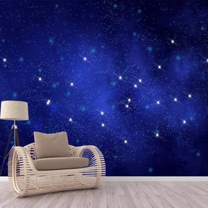 May include: A blue and white starry night sky wallpaper with a white wicker chair and a floor lamp in the foreground.